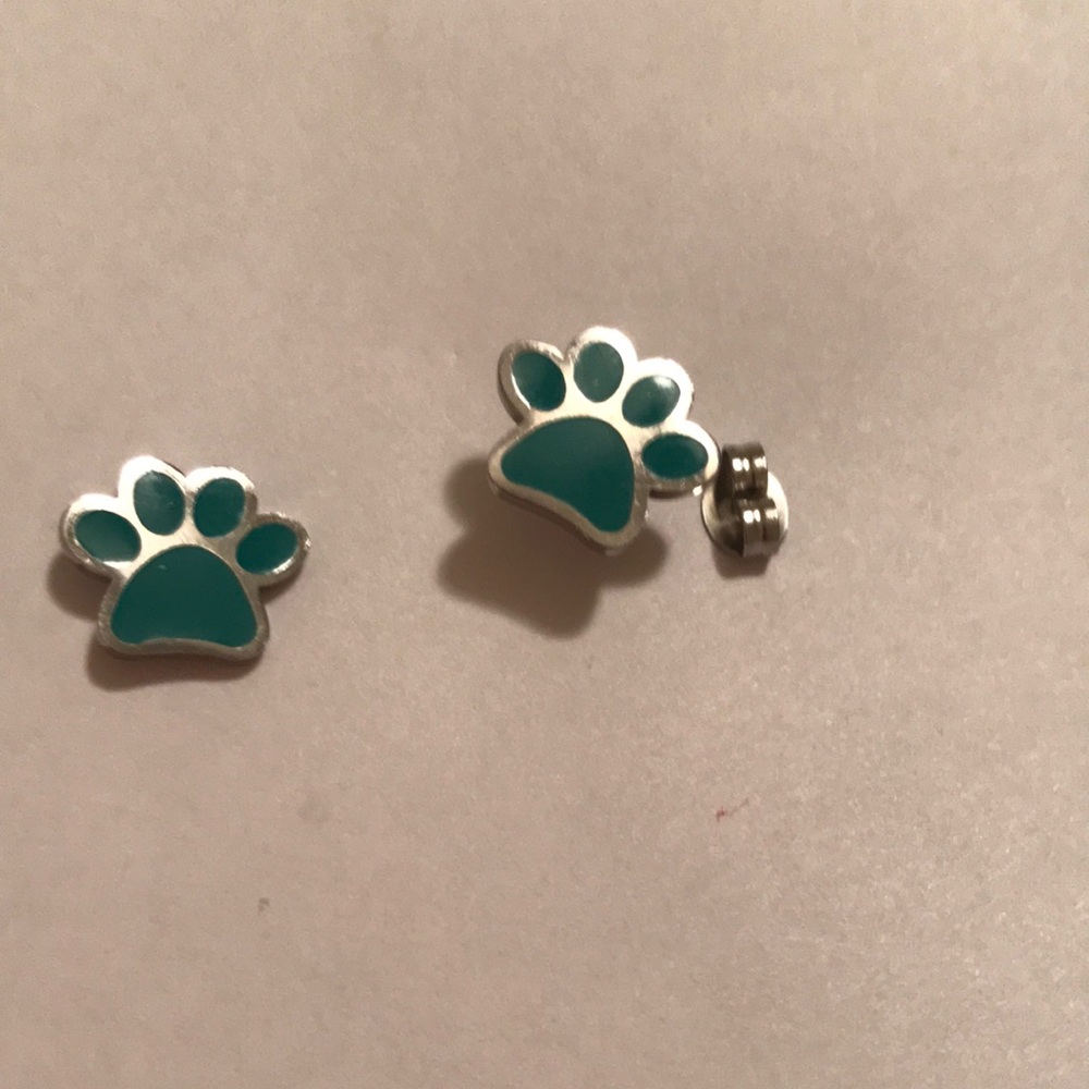 Teal Paw Print Stud Earrings - Silver Trim